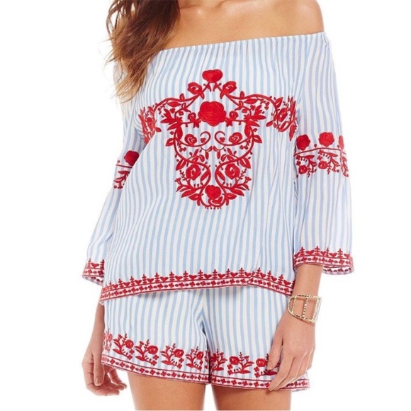 Gianni Bini Embroidered Peasant Blouse L Blue Boho Off the Shoulder Stripe Beach - Picture 2 of 9